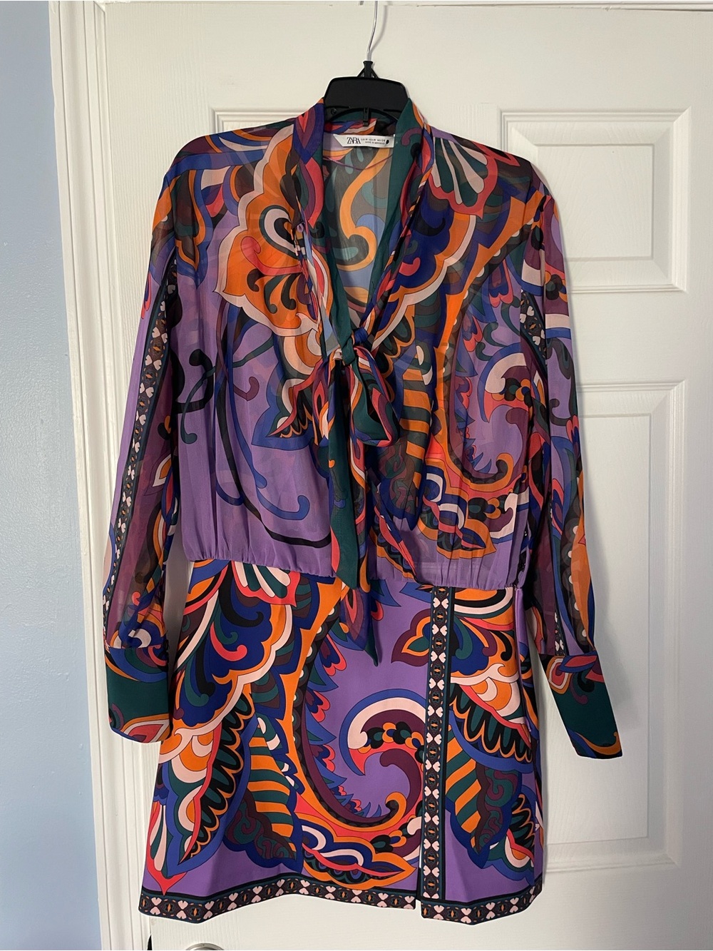 Zara Purple Multicolor Paisley Tie-Neck Mini Dress M